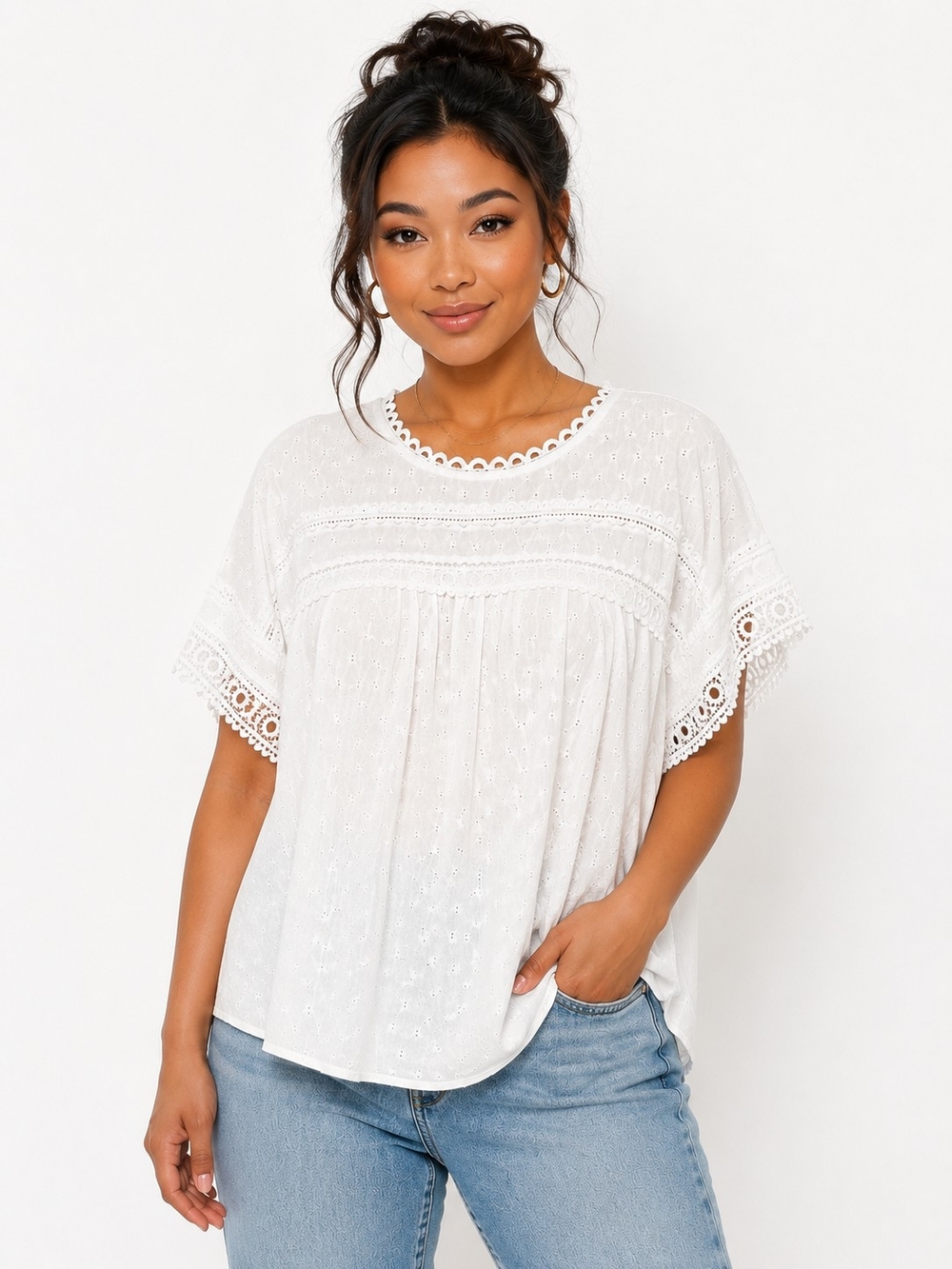 Cream Eyelet Lace Short Sleeve Blouse Button Back Boho Feminine Top